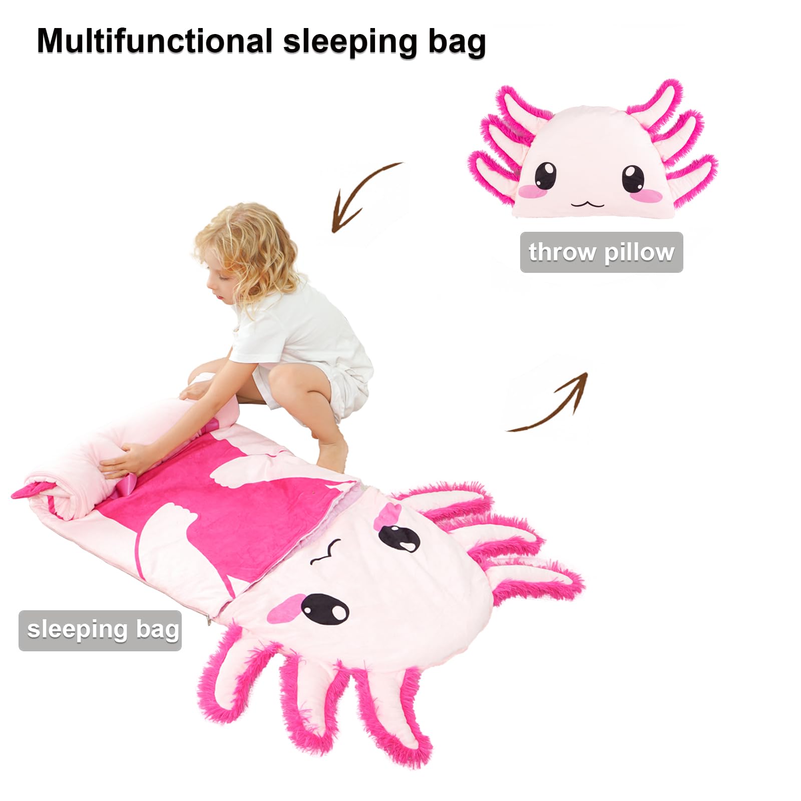 Adorable Axolotl 3-in-1 Sleeping Bag for Kids – Soft Pink Nap Mat with Detachable Tail Pillow