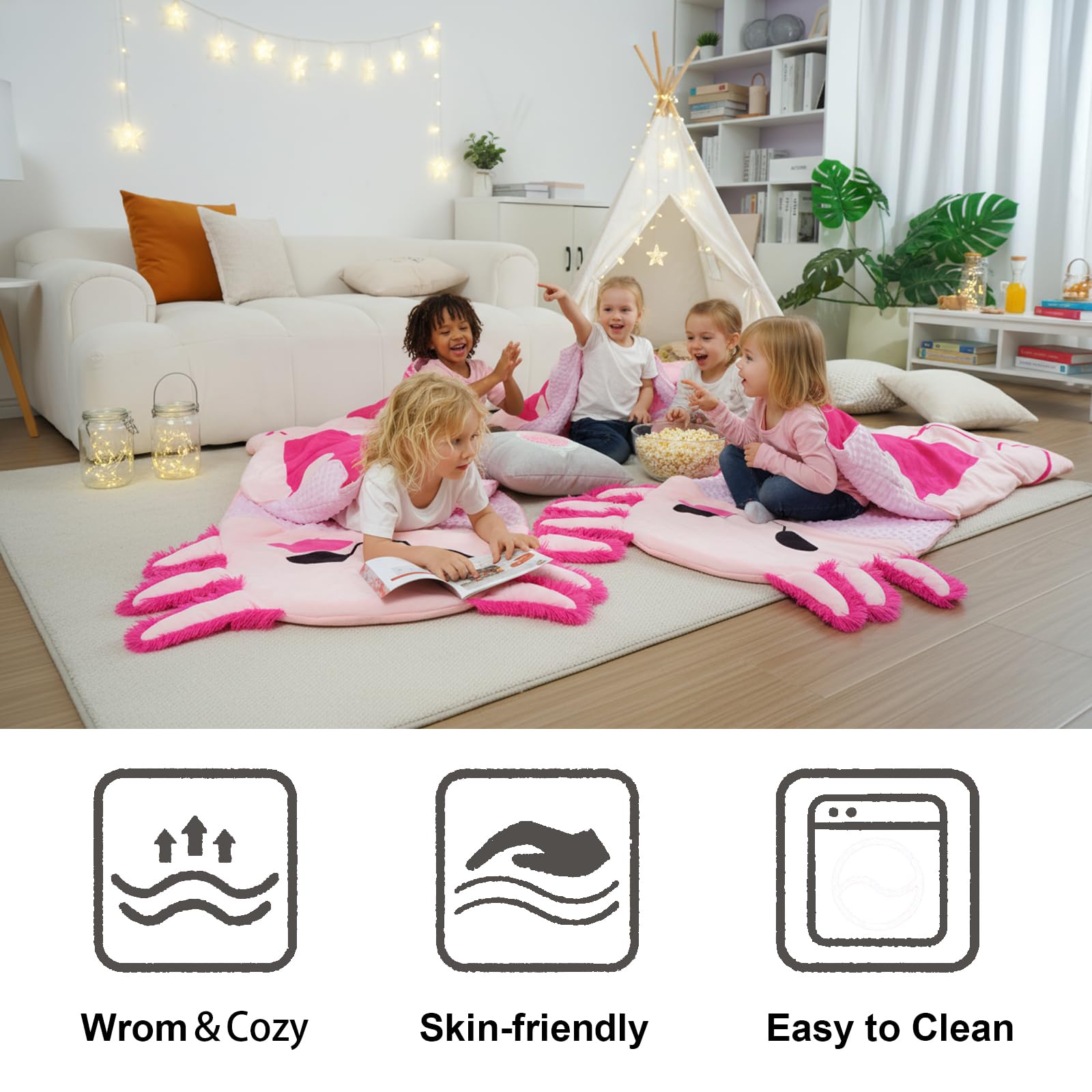 Adorable Axolotl 3-in-1 Sleeping Bag for Kids – Soft Pink Nap Mat with Detachable Tail Pillow