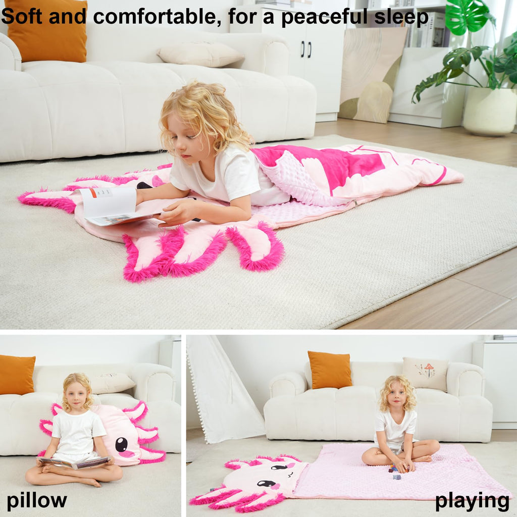 Adorable Axolotl 3-in-1 Sleeping Bag for Kids – Soft Pink Nap Mat with Detachable Tail Pillow